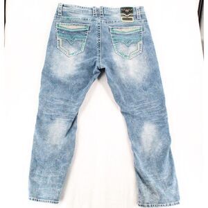 Platini Jeans Mens 40x30 Blue Slim Bootcut Distressed Y2K Light Wash Denim Jeans